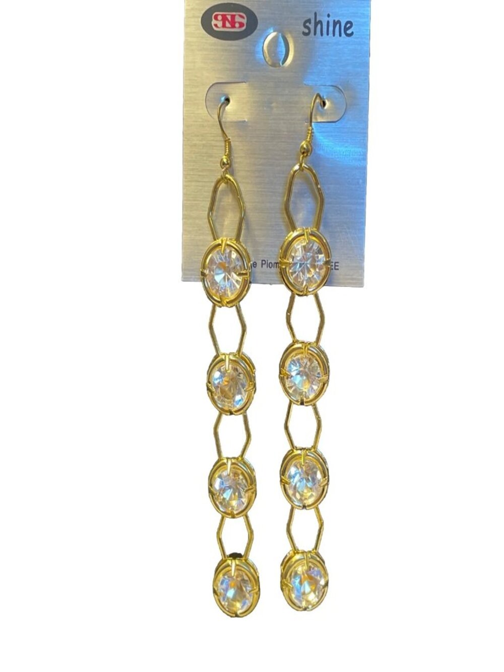 Gold Tone Crystal Drop Earrings 4.5 in Long Dangle Clear Round Rhinestones SNS
